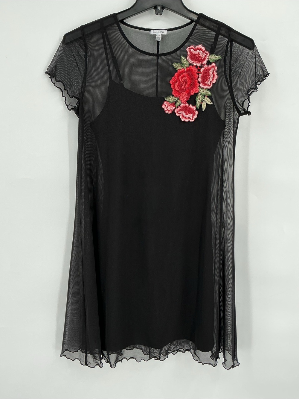 Love, Fire Black Sheer Mesh Overlay Mini Dress with Red Rose Applique